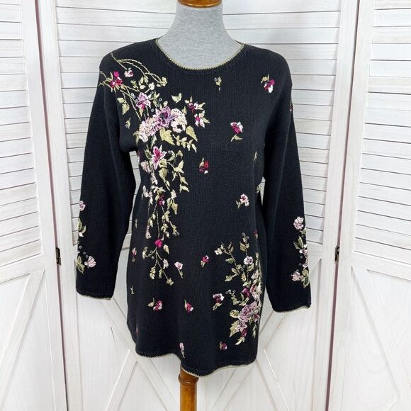 Vintage Y2K Heirloom Collectibles Embroidered Floral Tunic Sweater Black Small - Picture 1 of 11